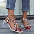 Pilar | Sandalias de tacón ancho con flor y pedrería para mujer