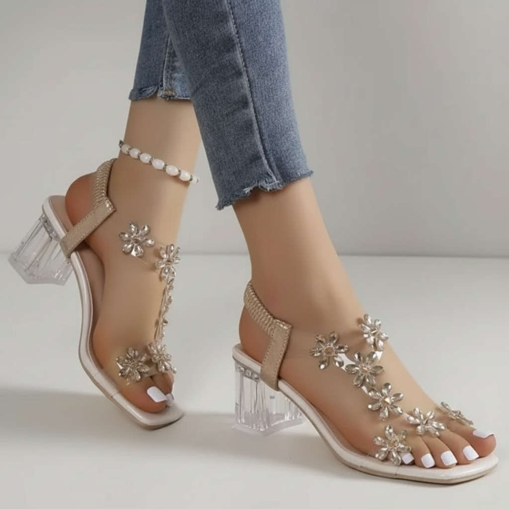 Pilar | Sandalias de tacón ancho con flor y pedrería para mujer